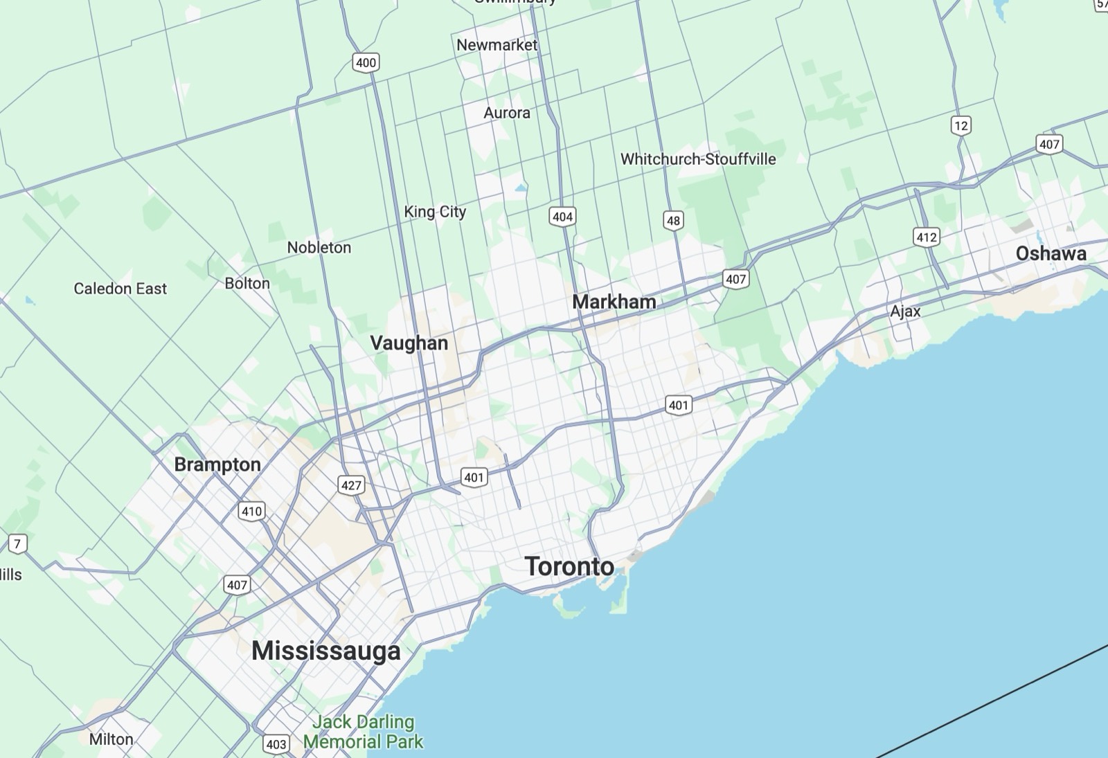 Map of the Greater Toronto Area service region covered by Concrete Toronto